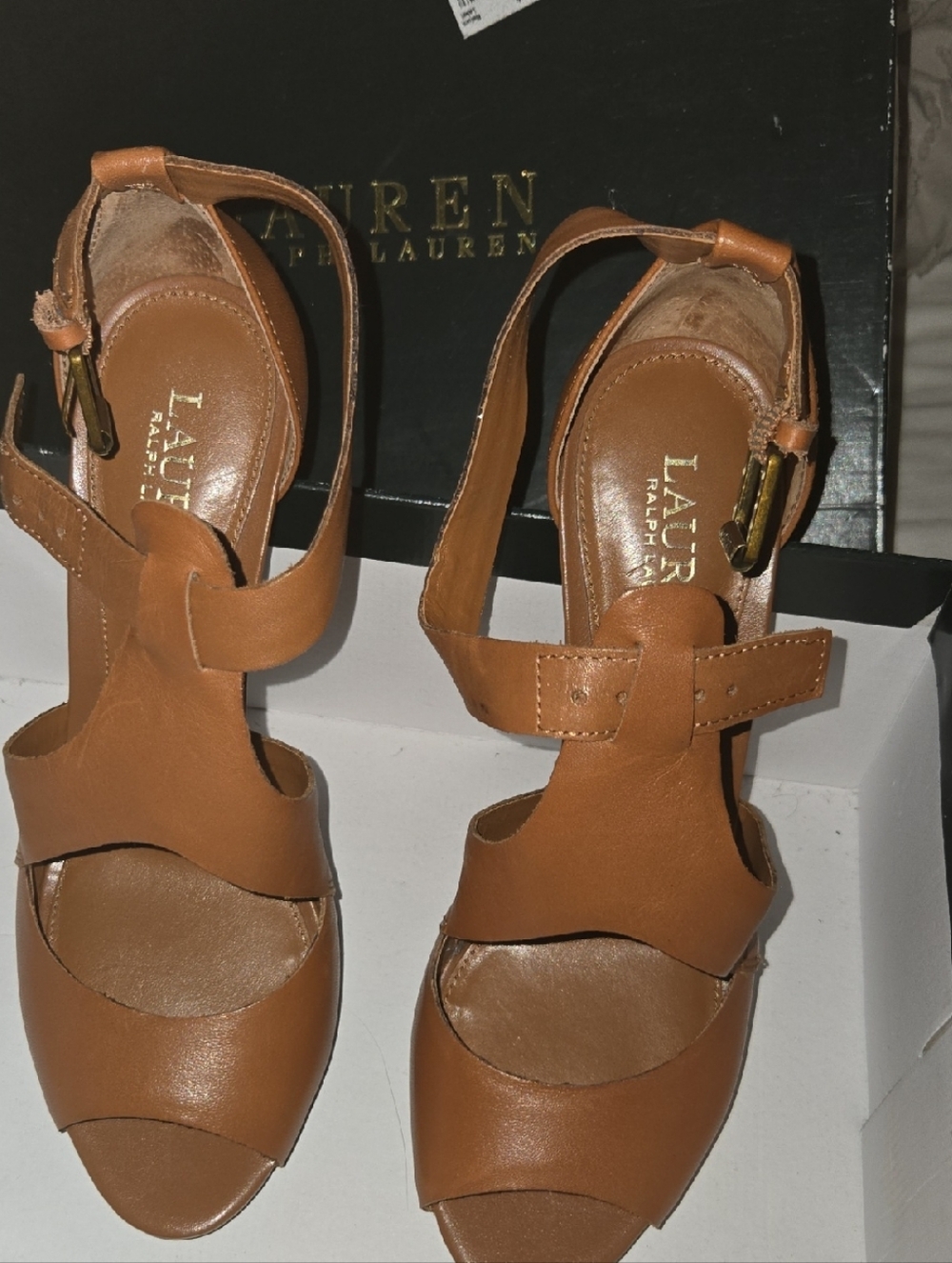 New Lauren Ralph Lauren Cognac Brown Leather Open-Toe Heeled Sandals